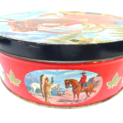 Mid-Century Large Tin Container by PEEK FREAK BISCUITS of London: The Royal Canadian Mounted Police (RCMP) and his Majestic Steed!