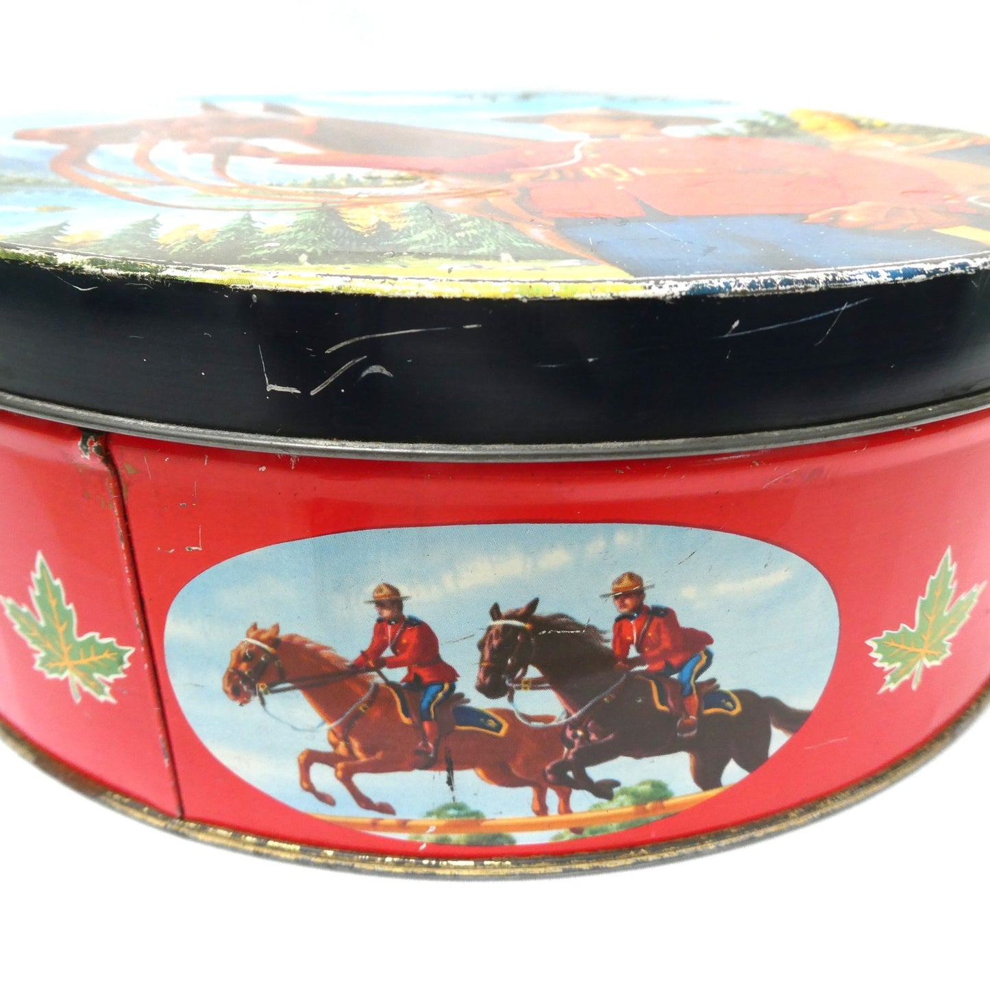 Mid-Century Large Tin Container by PEEK FREAK BISCUITS of London: The Royal Canadian Mounted Police (RCMP) and his Majestic Steed!