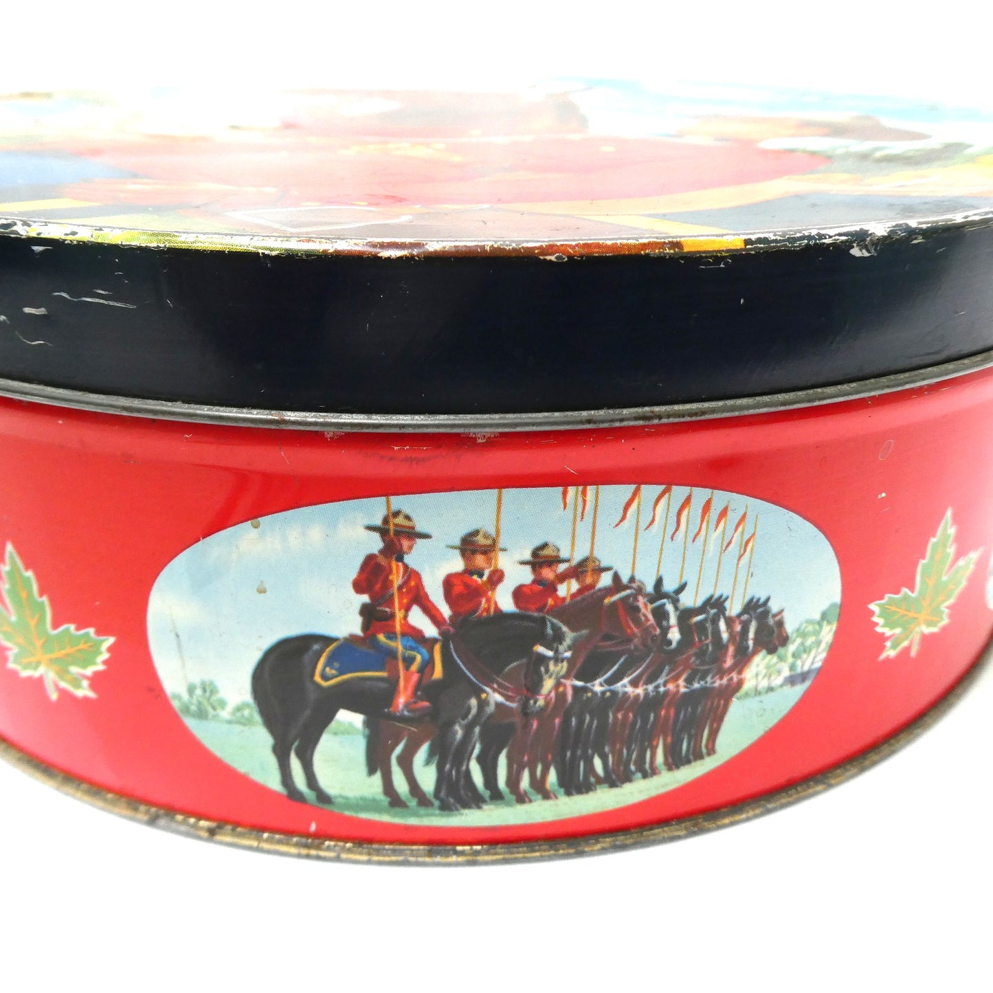 Mid-Century Large Tin Container by PEEK FREAK BISCUITS of London: The Royal Canadian Mounted Police (RCMP) and his Majestic Steed!