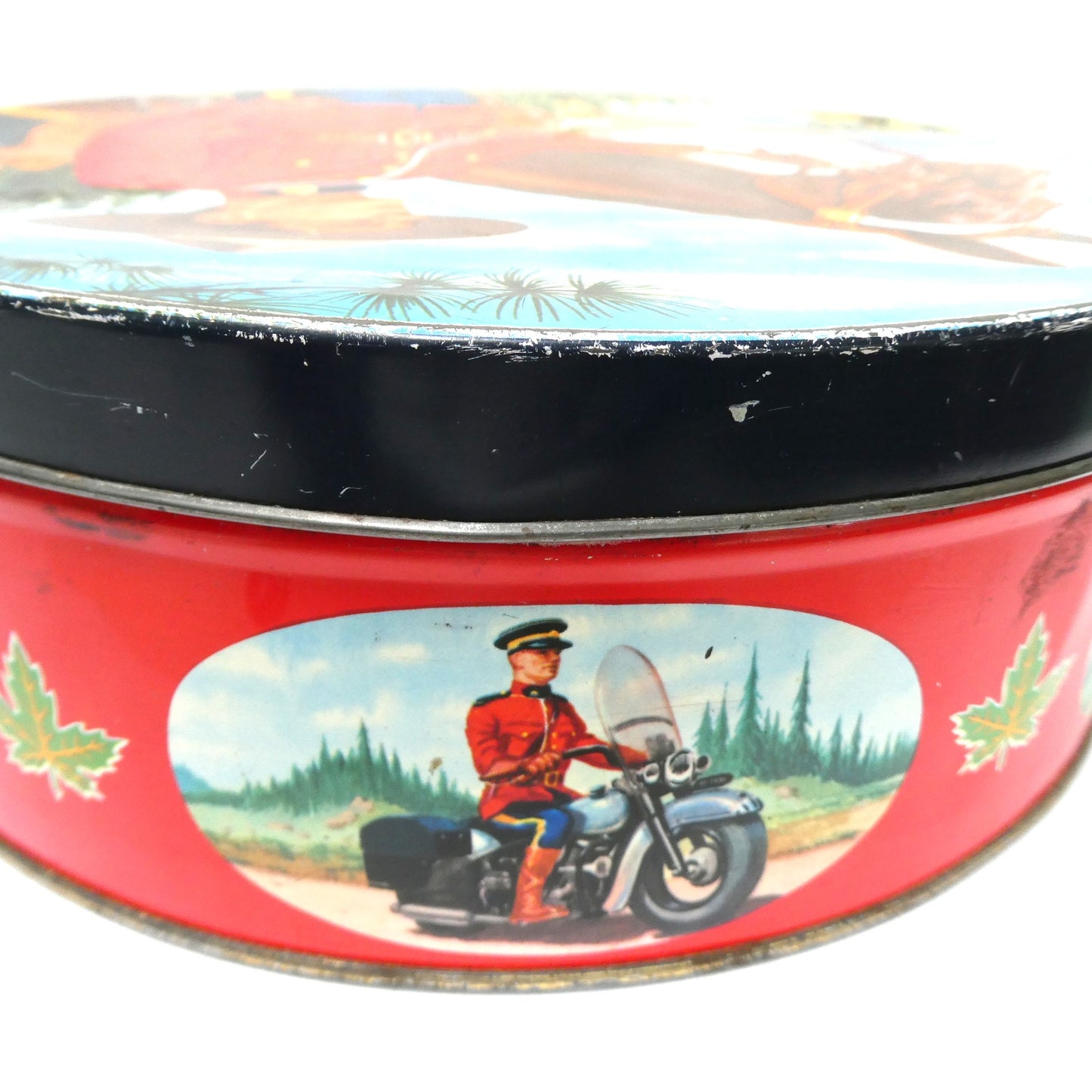 Mid-Century Large Tin Container by PEEK FREAK BISCUITS of London: The Royal Canadian Mounted Police (RCMP) and his Majestic Steed!