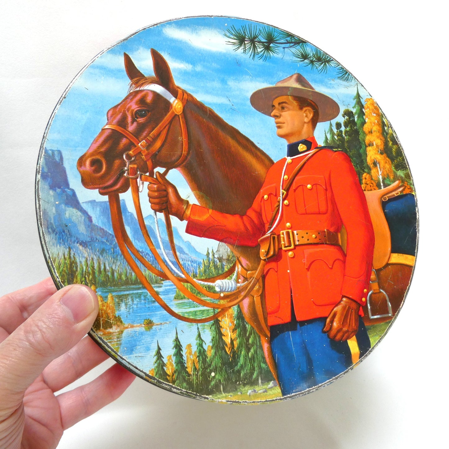 Mid-Century Large Tin Container by PEEK FREAK BISCUITS of London: The Royal Canadian Mounted Police (RCMP) and his Majestic Steed!
