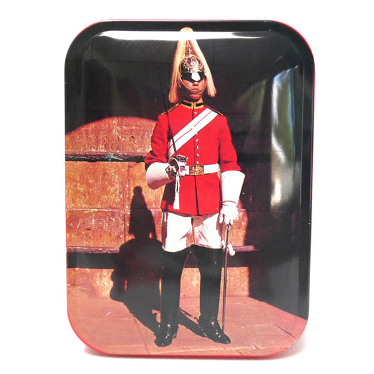 Vintage Blue Bird Confectionery Toffee Tin, Featuring a Mid-Century Portrait of an On-Duty King’s Household Cavalry Guardsman