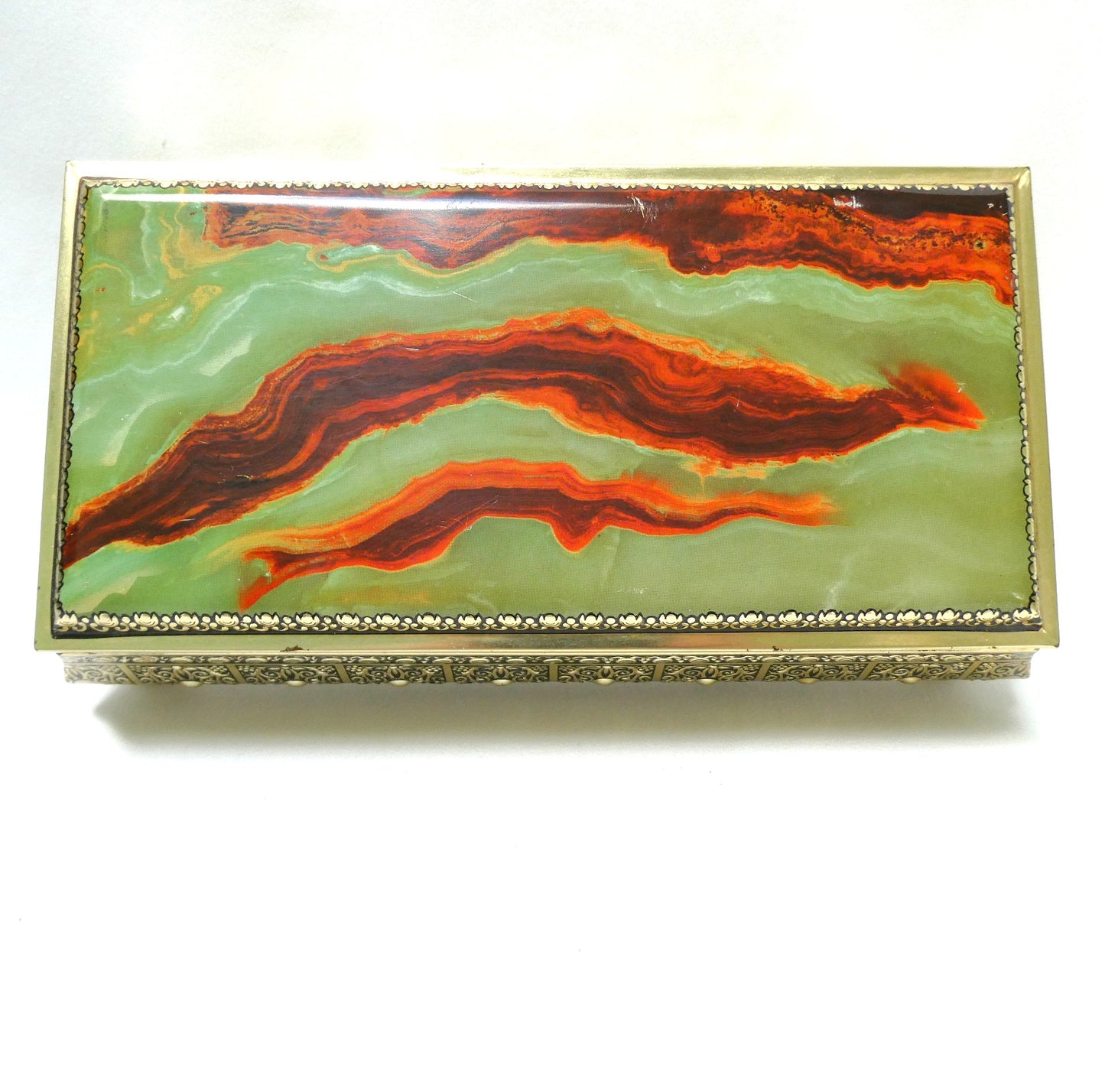 Vintage Tin Container by Blue Bird Confectionery of England: Featuring Four Footed-Feet and a Rare Faux Marble or Jade Hinged Lid