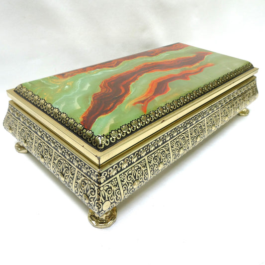 Vintage Tin Container by Blue Bird Confectionery of England: Featuring Four Footed-Feet and a Rare Faux Marble or Jade Hinged Lid