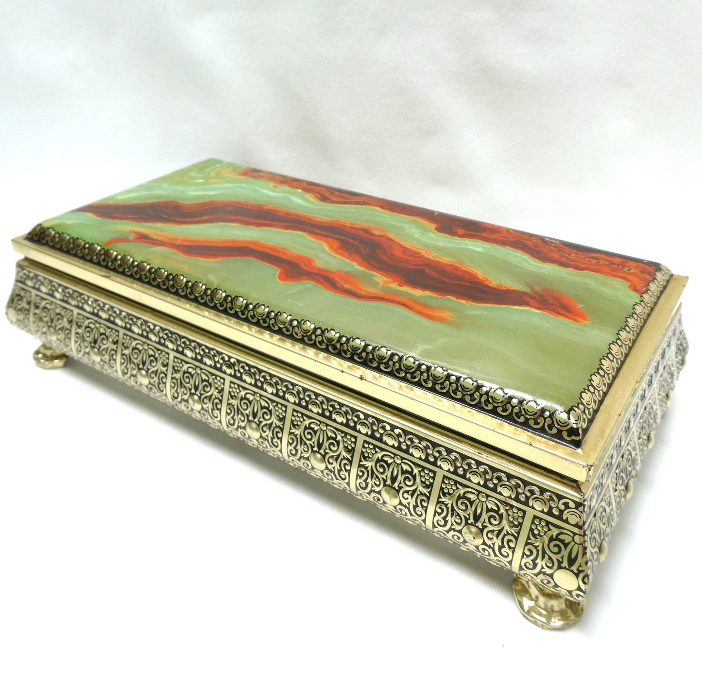 Vintage Tin Container by Blue Bird Confectionery of England: Featuring Four Footed-Feet and a Rare Faux Marble or Jade Hinged Lid