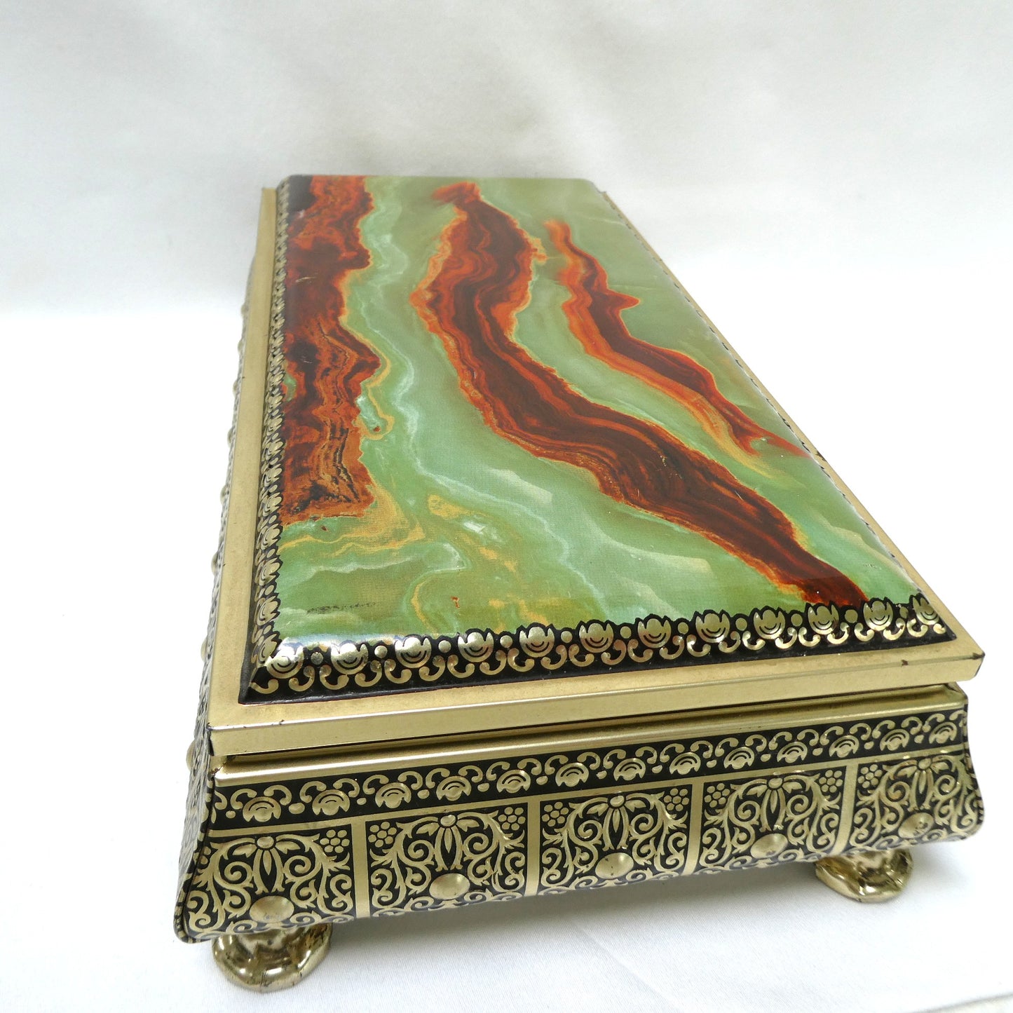 Vintage Tin Container by Blue Bird Confectionery of England: Featuring Four Footed-Feet and a Rare Faux Marble or Jade Hinged Lid