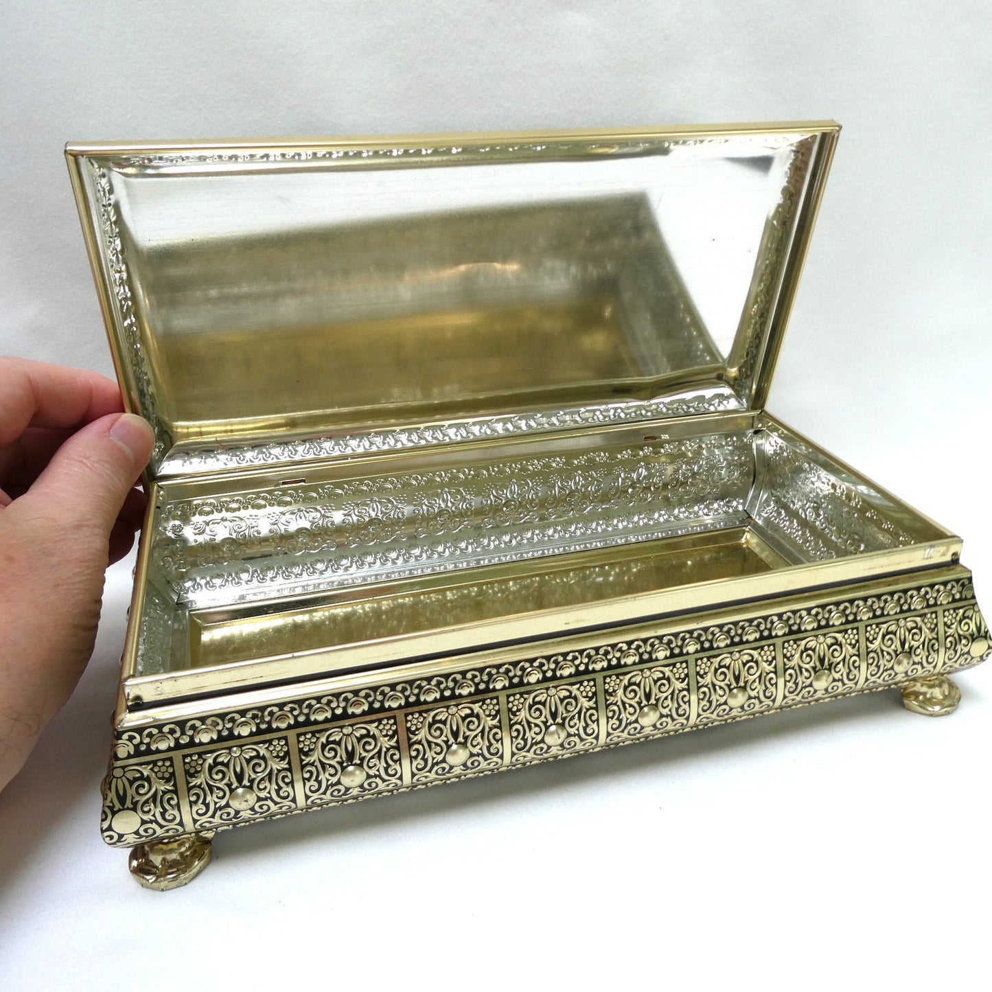 Vintage Tin Container by Blue Bird Confectionery of England: Featuring Four Footed-Feet and a Rare Faux Marble or Jade Hinged Lid