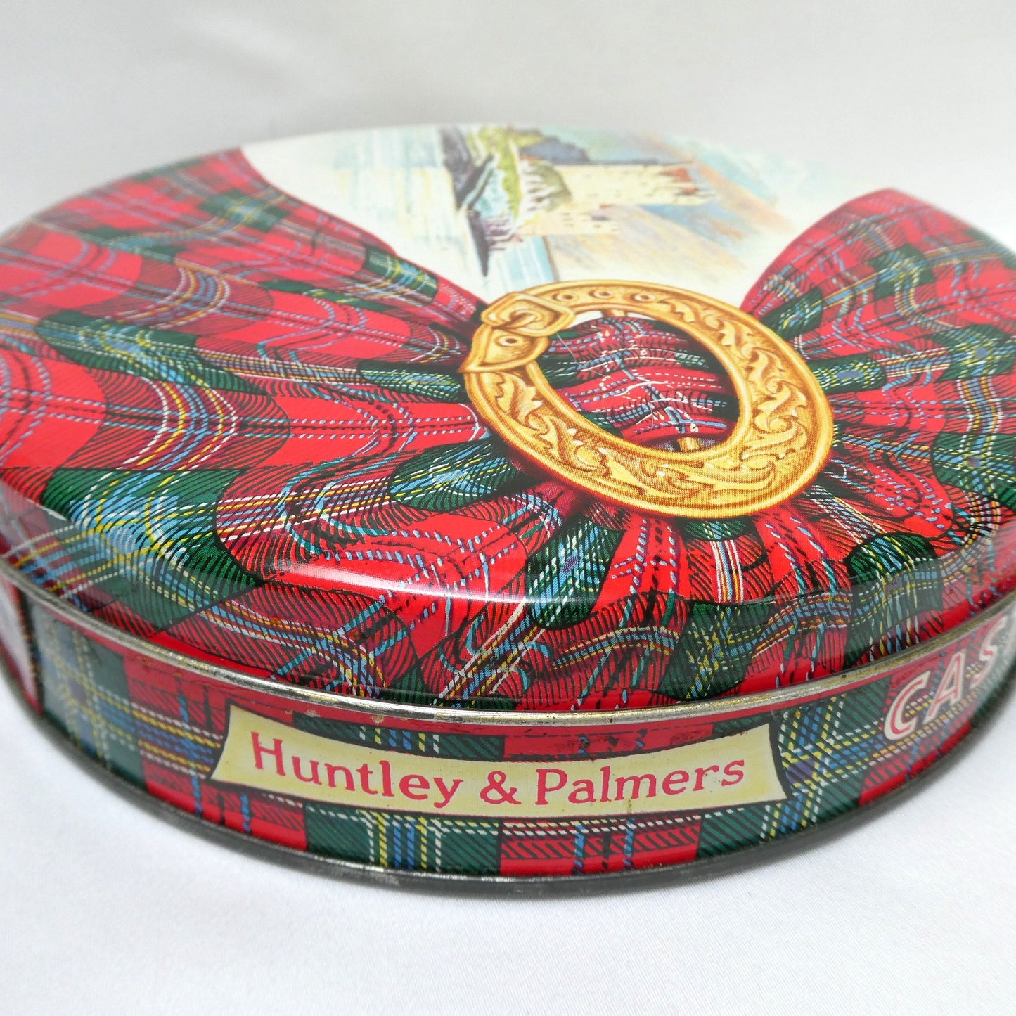 Vintage Castle Shortbread Biscuit Tin by Huntley and Palmers: The Eilean Donan Castle and Royal Stewart Tartan