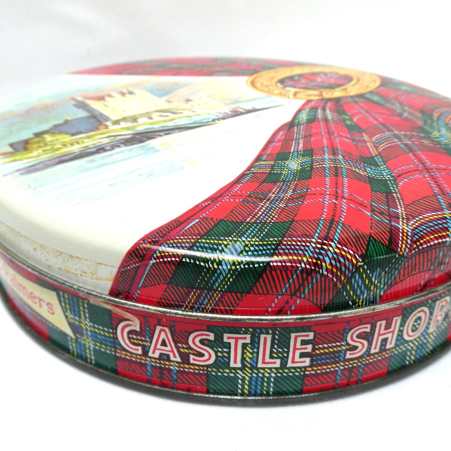 Vintage Castle Shortbread Biscuit Tin by Huntley and Palmers: The Eilean Donan Castle and Royal Stewart Tartan
