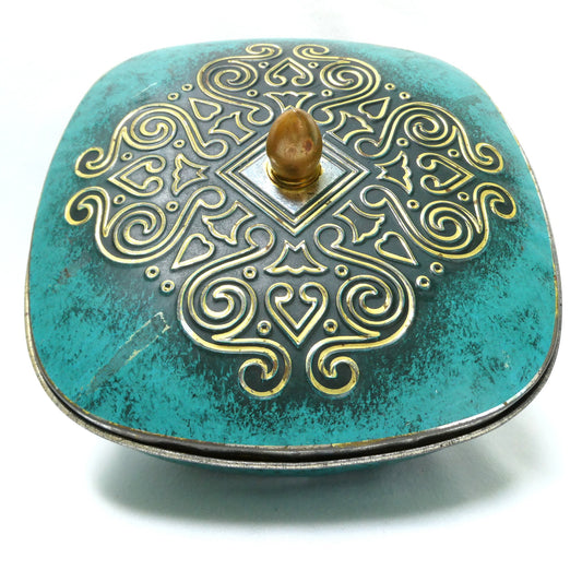 Vintage West Germany Square Tin Container, Featuring Gold Scrolling on Faux Jade Turquoise Embossed Design Lid