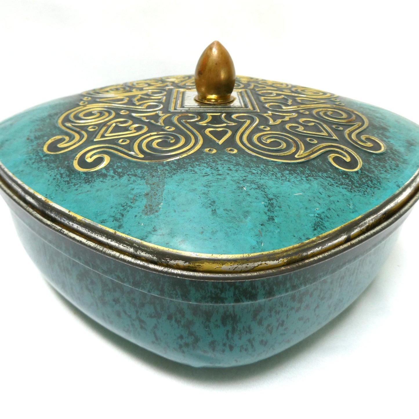 Vintage West Germany Square Tin Container, Featuring Gold Scrolling on Faux Jade Turquoise Embossed Design Lid