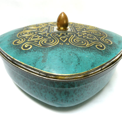 Vintage West Germany Square Tin Container, Featuring Gold Scrolling on Faux Jade Turquoise Embossed Design Lid