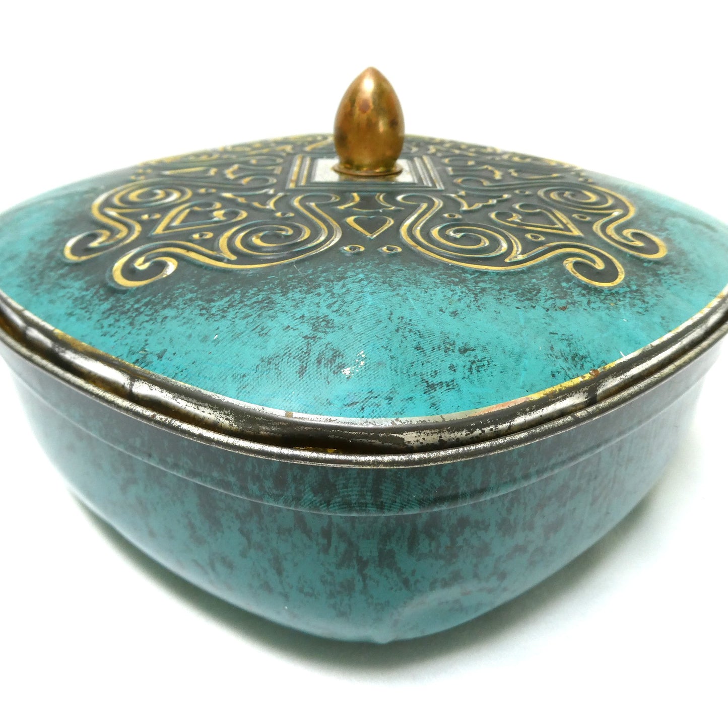 Vintage West Germany Square Tin Container, Featuring Gold Scrolling on Faux Jade Turquoise Embossed Design Lid