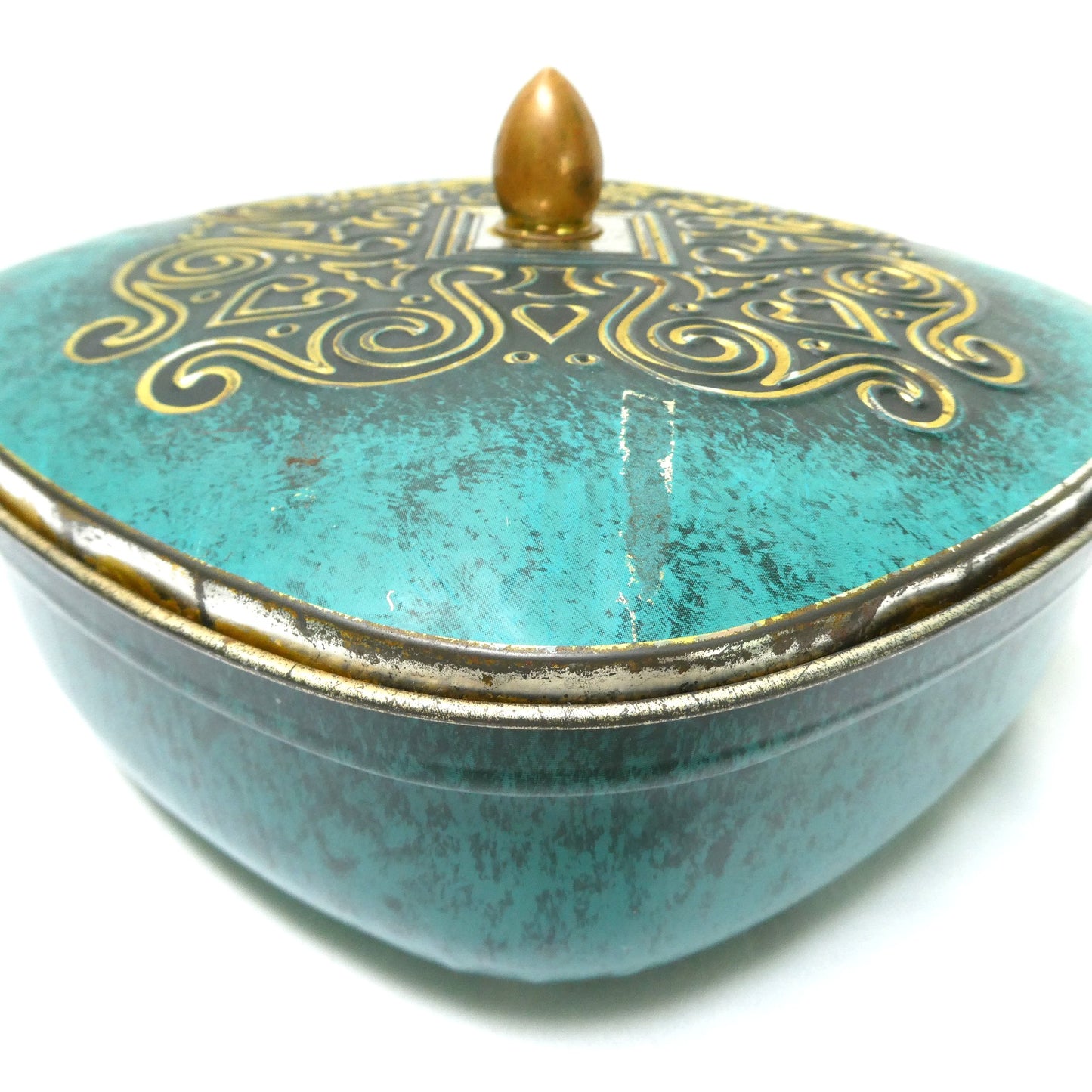 Vintage West Germany Square Tin Container, Featuring Gold Scrolling on Faux Jade Turquoise Embossed Design Lid