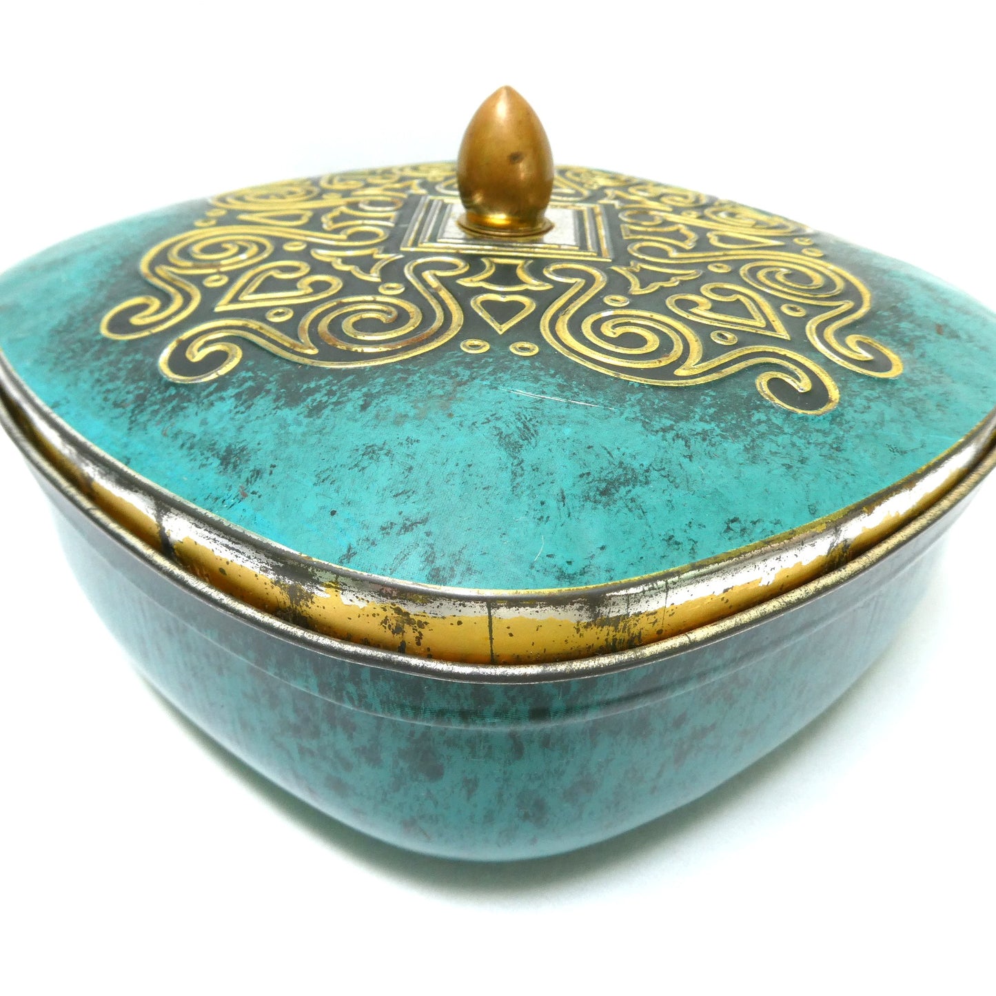 Vintage West Germany Square Tin Container, Featuring Gold Scrolling on Faux Jade Turquoise Embossed Design Lid