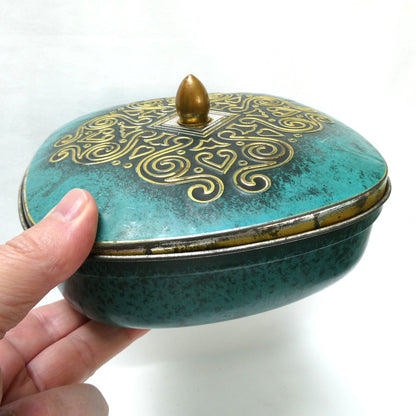 Vintage West Germany Square Tin Container, Featuring Gold Scrolling on Faux Jade Turquoise Embossed Design Lid