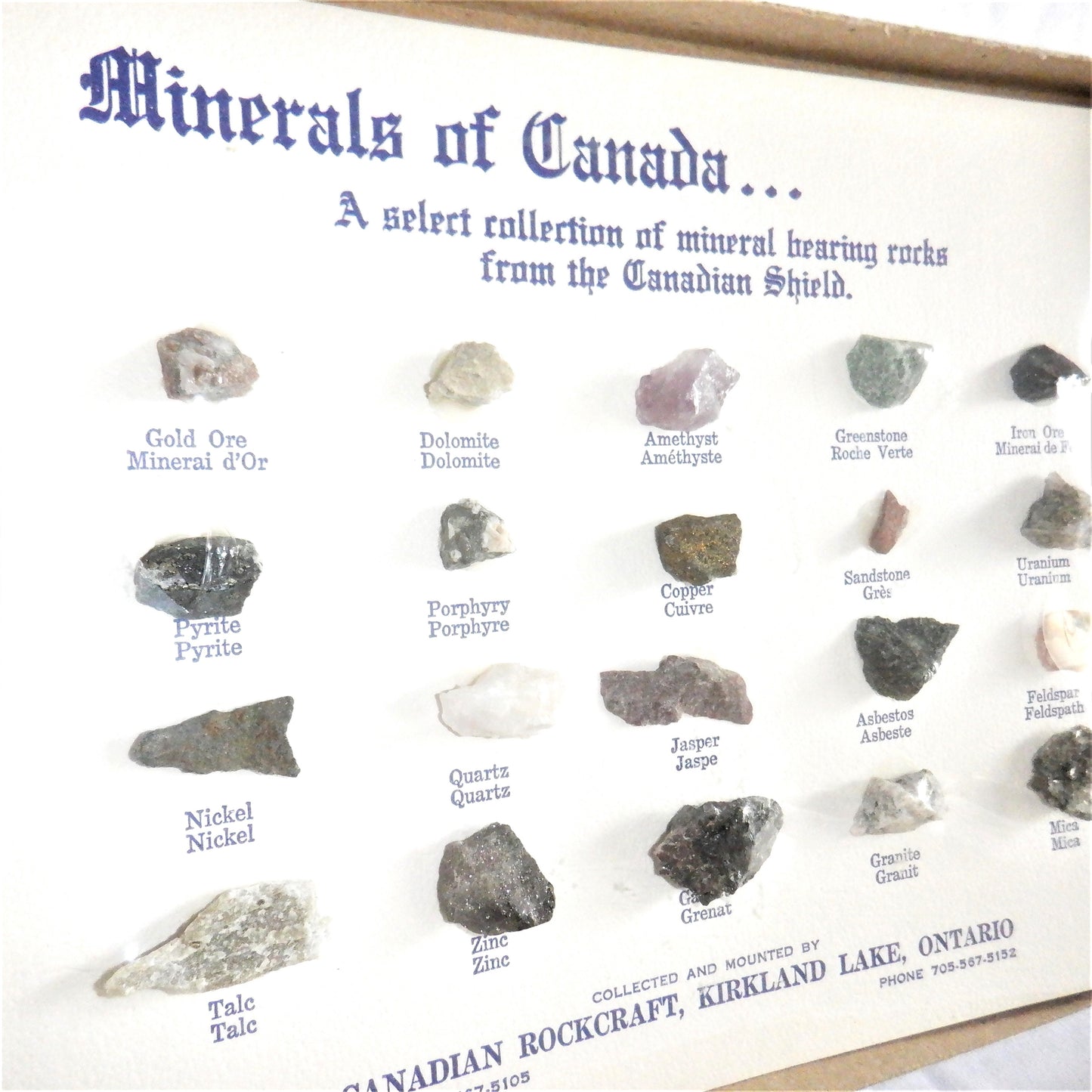 MINERALS OF CANADA: A Select Collection Of Mineral Bearing Rocks From The Canadian Shield, by Canadian Rockcraft, Kirkland Lake, Ontario, 1970's