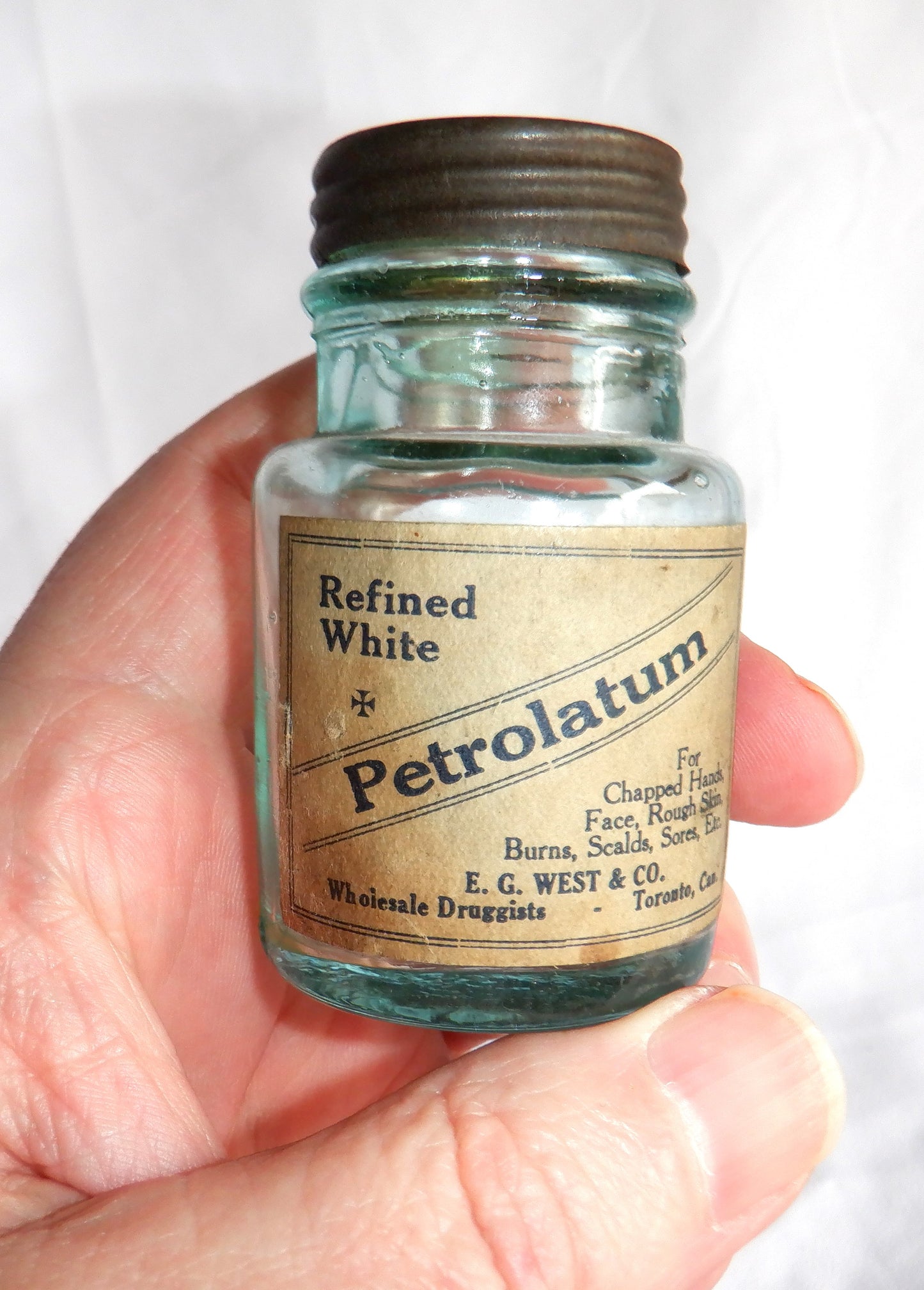 Antique Rare Canadian PETROLATUM BOTTLE, by E. G. West & Co Druggists. Toronto, Canada