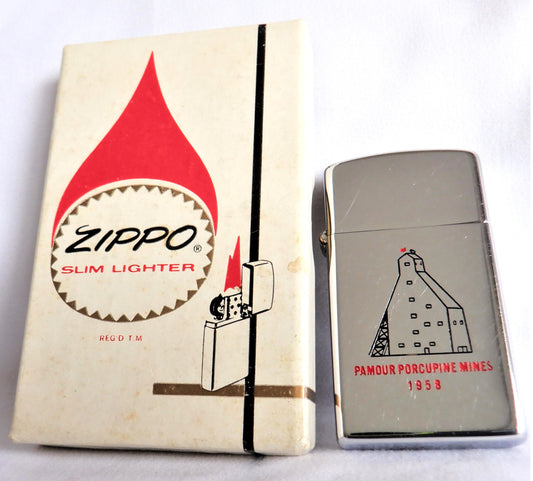 ZIPPO SLIM LIGHTER, Vintage 1958 Engraved "Pamour Porcupine Mines", Original Box & Original Lifetime Warranty Certificate!