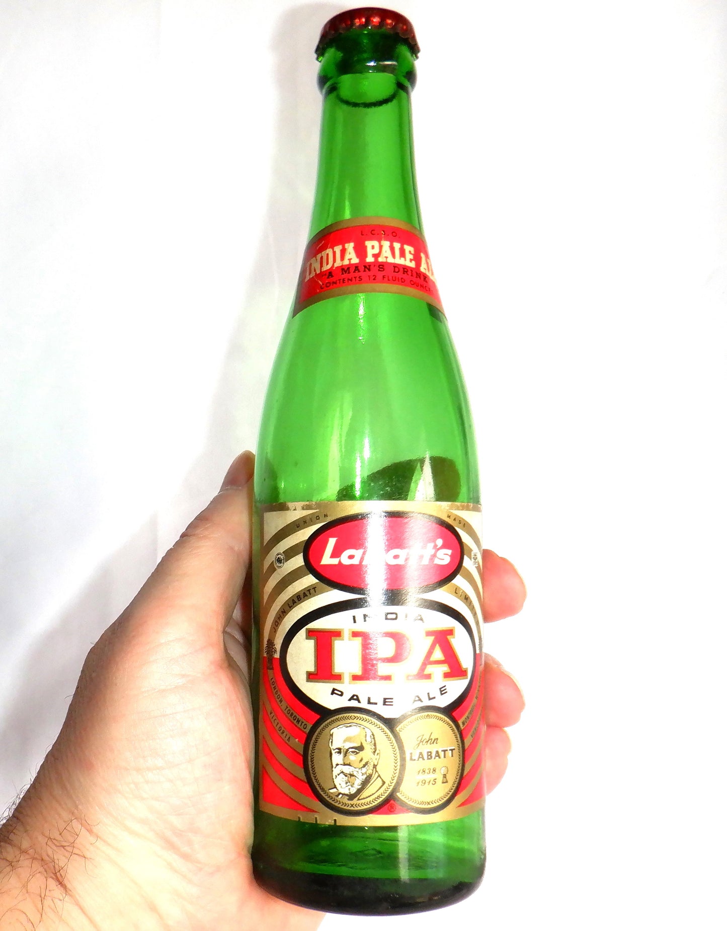 LABATT'S INDIA PALE ALE BEER BOTTLE, Antique Mid-Century 1950's, RARE Labelled Ontario Canada LCBO with Original Cap!