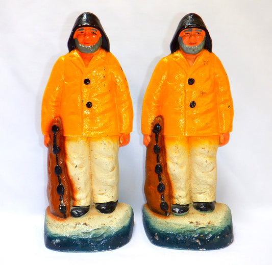 Antique Cast Iron FISHERMEN BOOKENDS or DOORHOLDERS, Hand-Painted Atlantic Canada Maritimes, 1920's