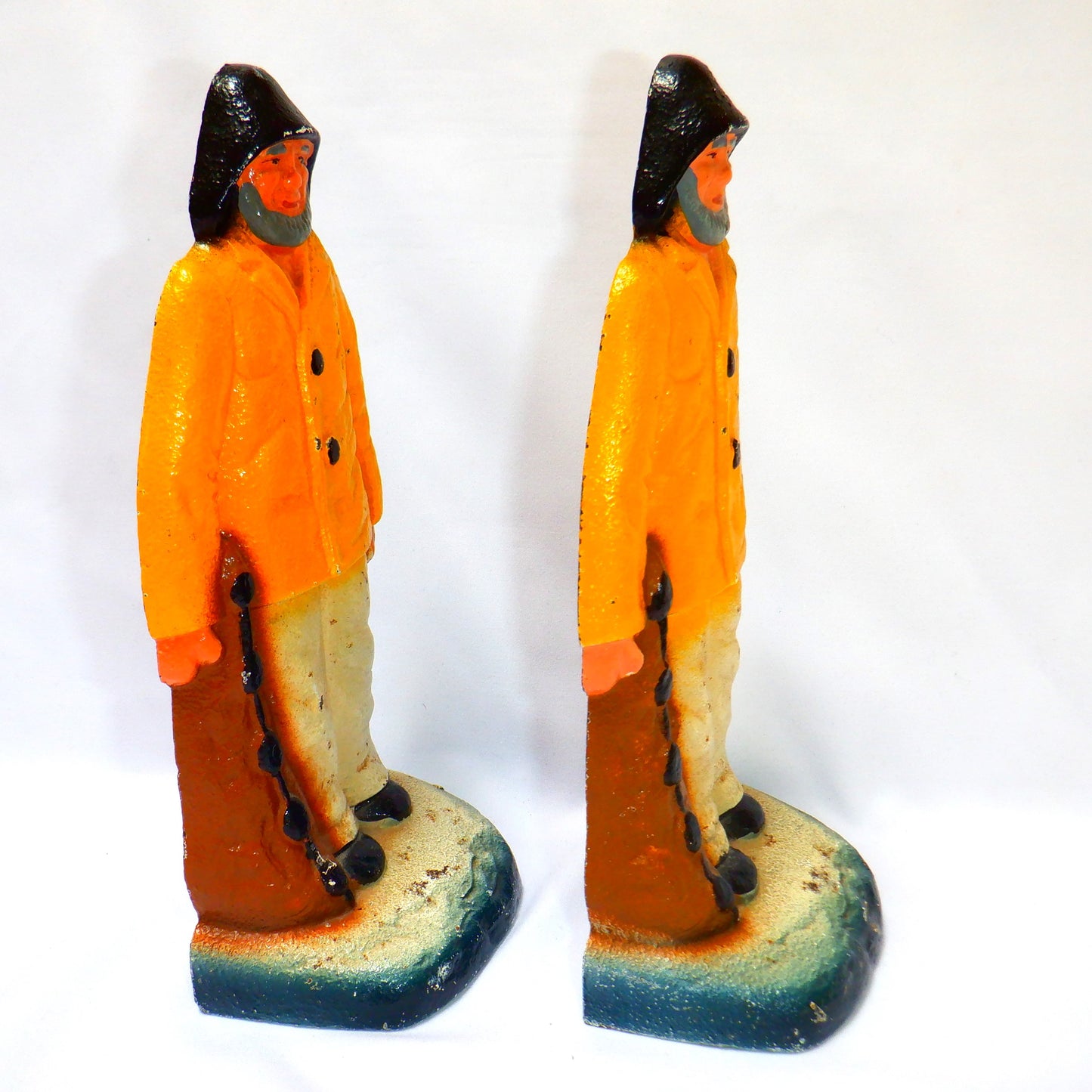 Antique Cast Iron FISHERMEN BOOKENDS or DOORHOLDERS, Hand-Painted Atlantic Canada Maritimes, 1920's