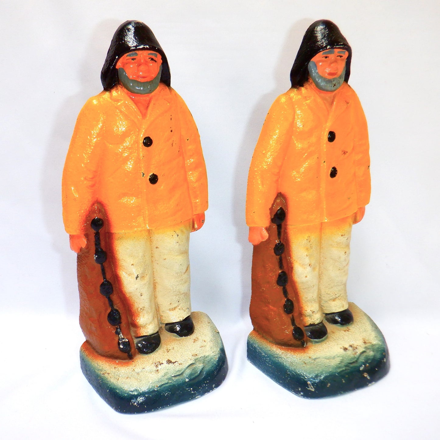 Antique Cast Iron FISHERMEN BOOKENDS or DOORHOLDERS, Hand-Painted Atlantic Canada Maritimes, 1920's