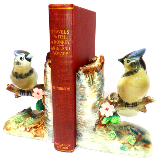 VINTAGE PAIR OF JAPANESE CERAMIC BOOKENDS, Blue Jay Birds sitting on a Birch Tree, 1950's