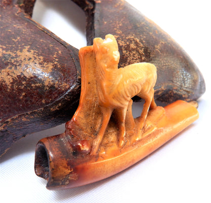 Antique Early Century European Hand-Carved MINIATURE TOBACCO PIPE w/original Leather Case