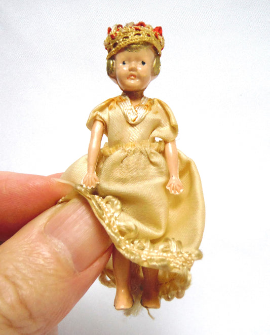 Miniature QUEEN ELIZABETH II DOLL, with Gown & Crown, Vintage 1950's