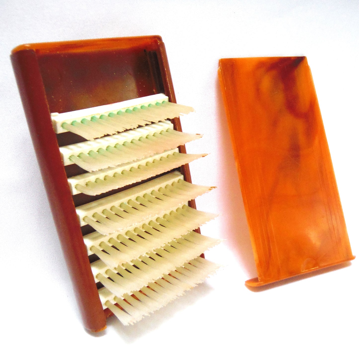 Antique HAIR OR CLOTHES FOLDING TRAVEL BRUSH, Bakelite with Leather Pouch and Nail File