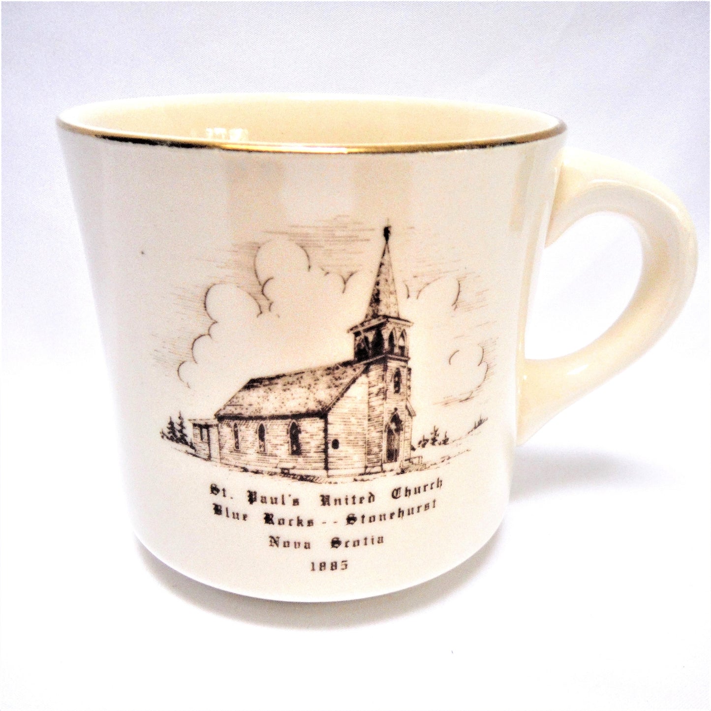 VINTAGE 22K GOLD-RIMMED COFFEE MUG: 1885 St. Paul's United Church in Blue Rocks, Stonehurst, Nova Scotia, Canada