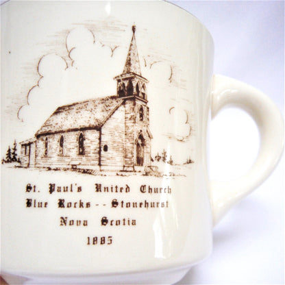 VINTAGE 22K GOLD-RIMMED COFFEE MUG: 1885 St. Paul's United Church in Blue Rocks, Stonehurst, Nova Scotia, Canada