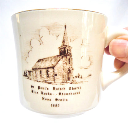 VINTAGE 22K GOLD-RIMMED COFFEE MUG: 1885 St. Paul's United Church in Blue Rocks, Stonehurst, Nova Scotia, Canada