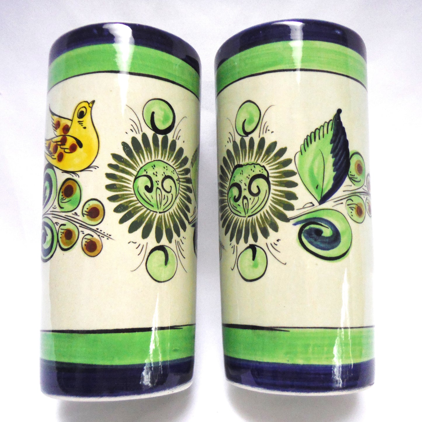 VINTAGE MEXICAN TALL CROCK CUPS, Set of TWO, Hand-Painted & Artist Signed, 1979