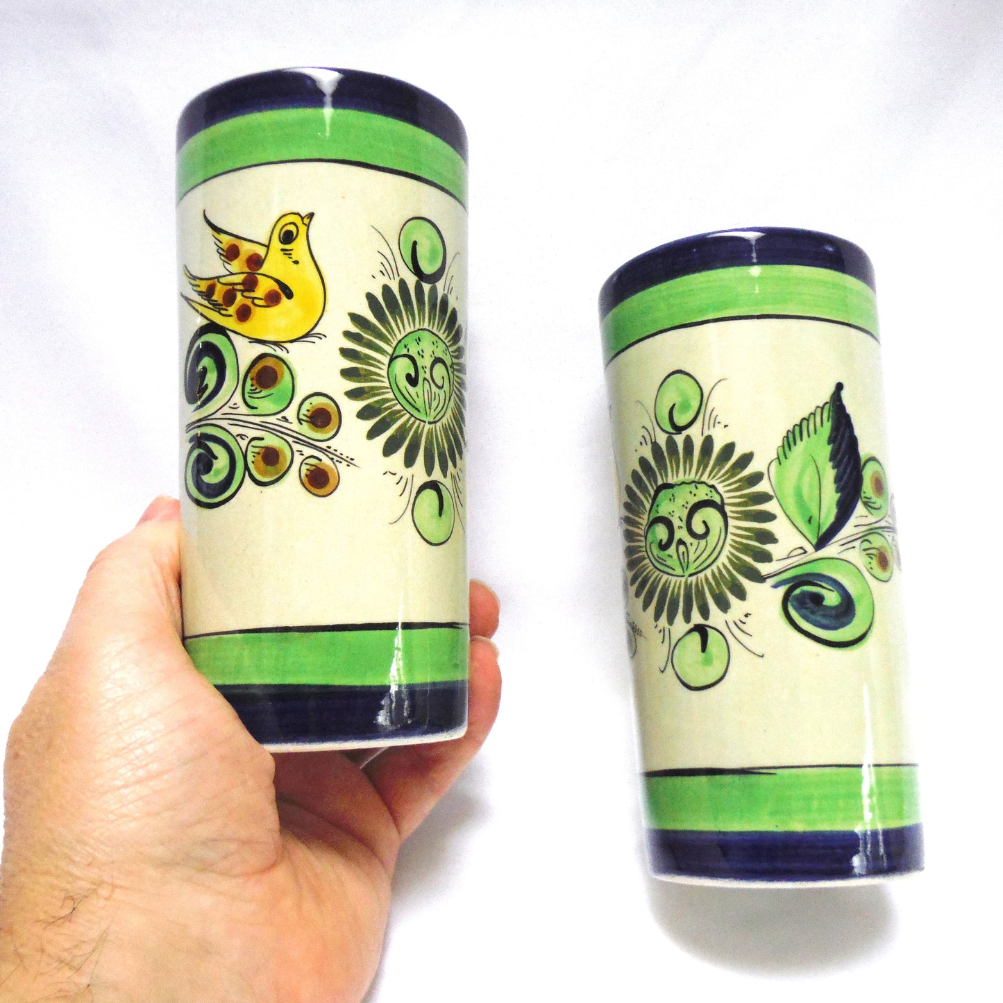 VINTAGE MEXICAN TALL CROCK CUPS, Set of TWO, Hand-Painted & Artist Signed, 1979