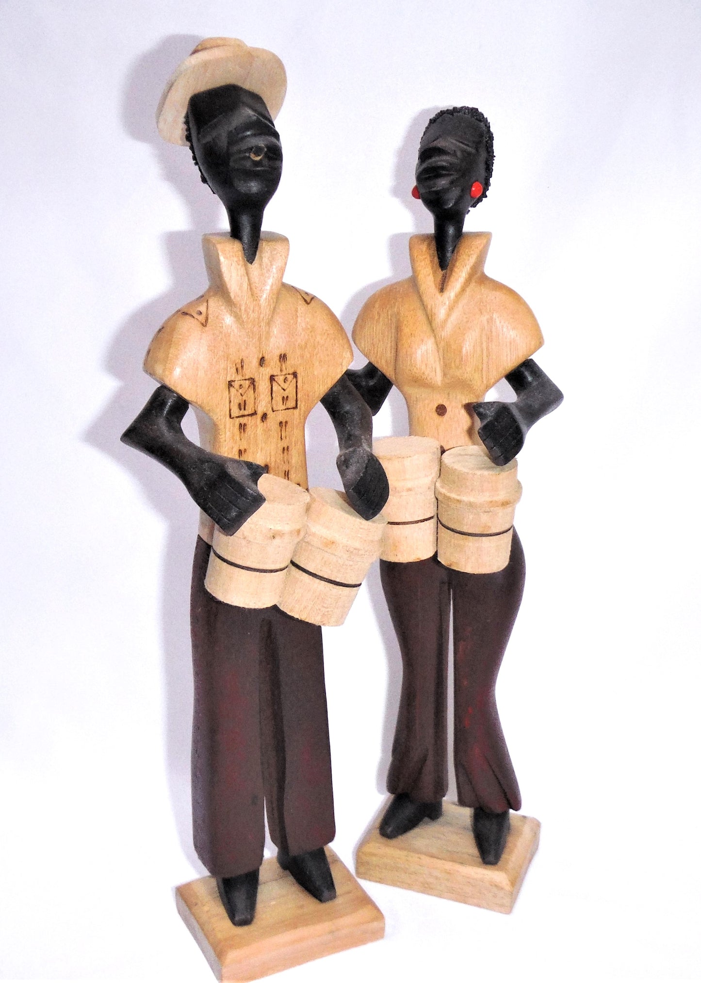 CUBAN Wooden Hand-Carved Statues: Husband & Wife Playing Dual Bongos