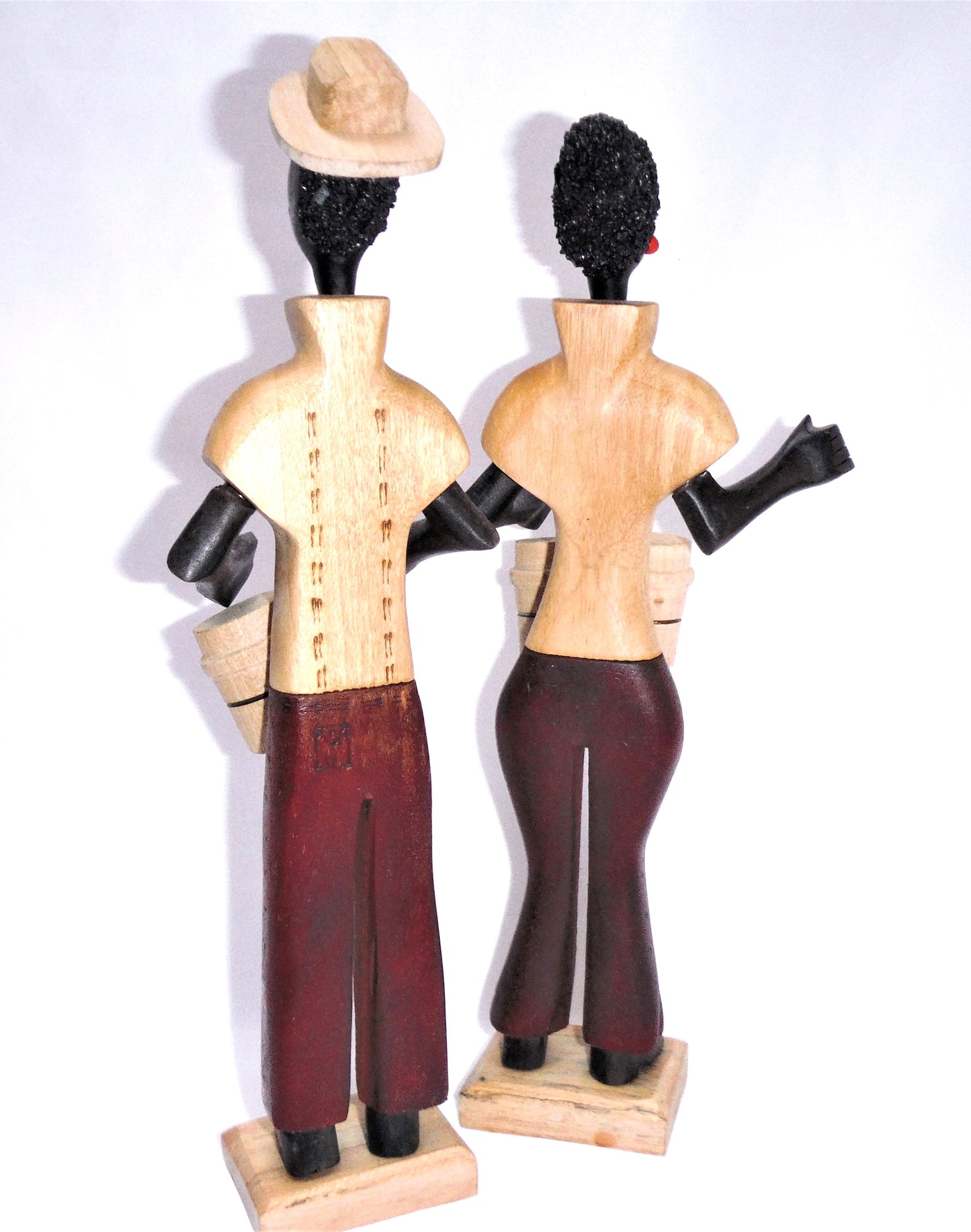 CUBAN Wooden Hand-Carved Statues: Husband & Wife Playing Dual Bongos