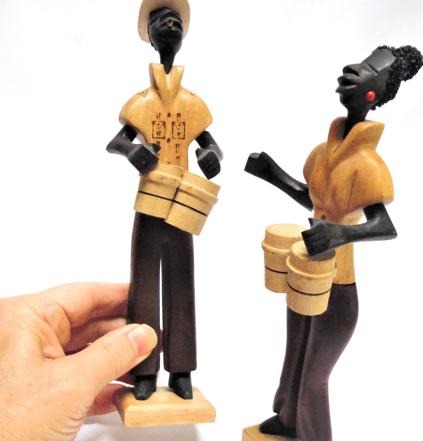 CUBAN Wooden Hand-Carved Statues: Husband & Wife Playing Dual Bongos