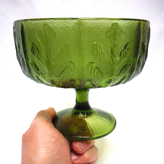 Vintage Compote Footed Vase in Green Oak Leaf Pattern by F.T.D. Glass