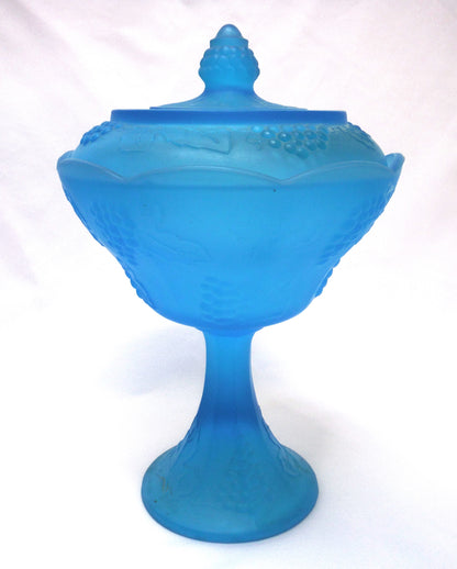 Vintage Indiana Blue Frosted Glass CANDY DISH, in the Famous Grapes-Harvest Pattern!