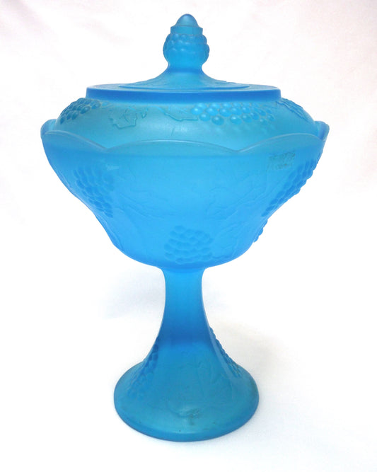 Vintage Indiana Blue Frosted Glass CANDY DISH, in the Famous Grapes-Harvest Pattern!