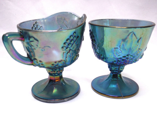 Vintage PAIR OF INDIANA GLASS Blue Carnival Creamer and Sugar in Harvest-Grapes Pattern