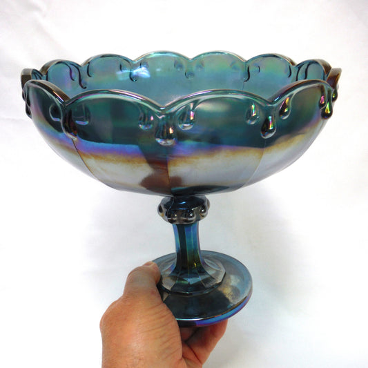 Vintage Iridescent Blue Carnival Glass Pedestal Compote Bowl, Unique & Wonky!