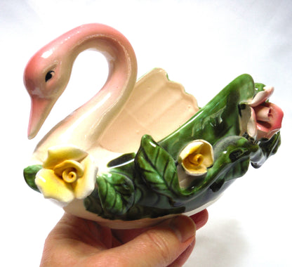 Mid Century Pink Swan Ceramic Flower Planter, Made in Japan