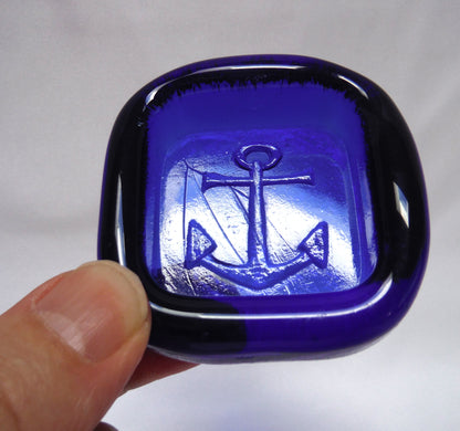 Stunning Small Square VINTAGE BLUE GLASS TRINKET DISH: Sailing & Anchor Themed