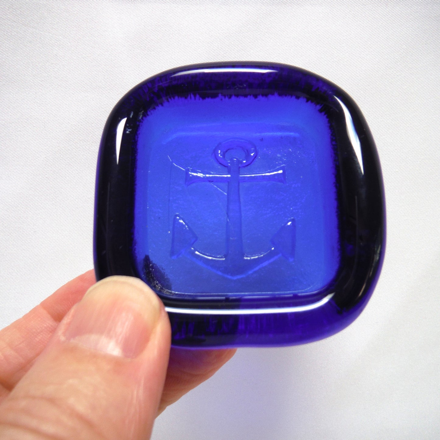 Stunning Small Square VINTAGE BLUE GLASS TRINKET DISH: Sailing & Anchor Themed