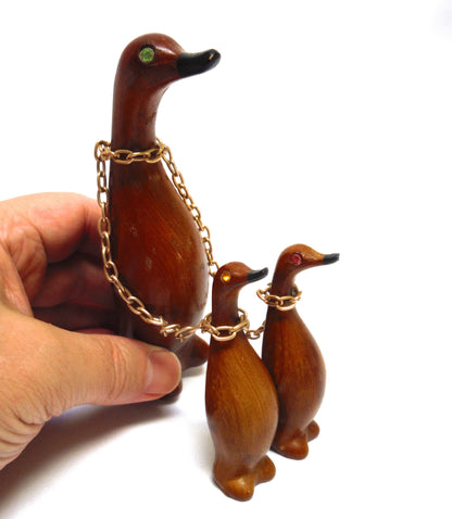 Mid-Century Modern 1960's Wooden Duck Trio with Rhinestone Eyes. Made in Hong Kong