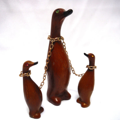 Mid-Century Modern 1960's Wooden Duck Trio with Rhinestone Eyes. Made in Hong Kong