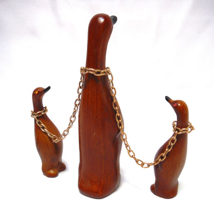 Mid-Century Modern 1960's Wooden Duck Trio with Rhinestone Eyes. Made in Hong Kong